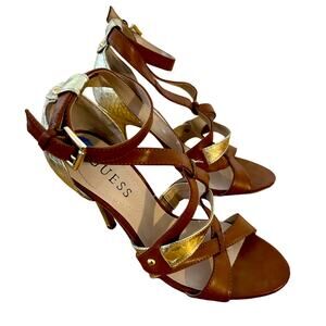 Guess Stiletto Womens Brown and Gold Snakeskin Heels Ankle Strap Size 6.5